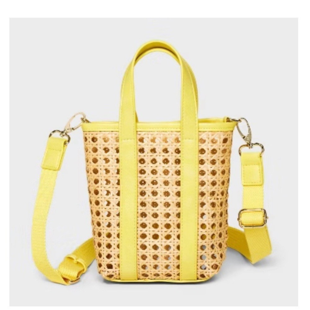 Caning Mini Tote Handbag Universal Thread Target Adjustable Strap Yellow